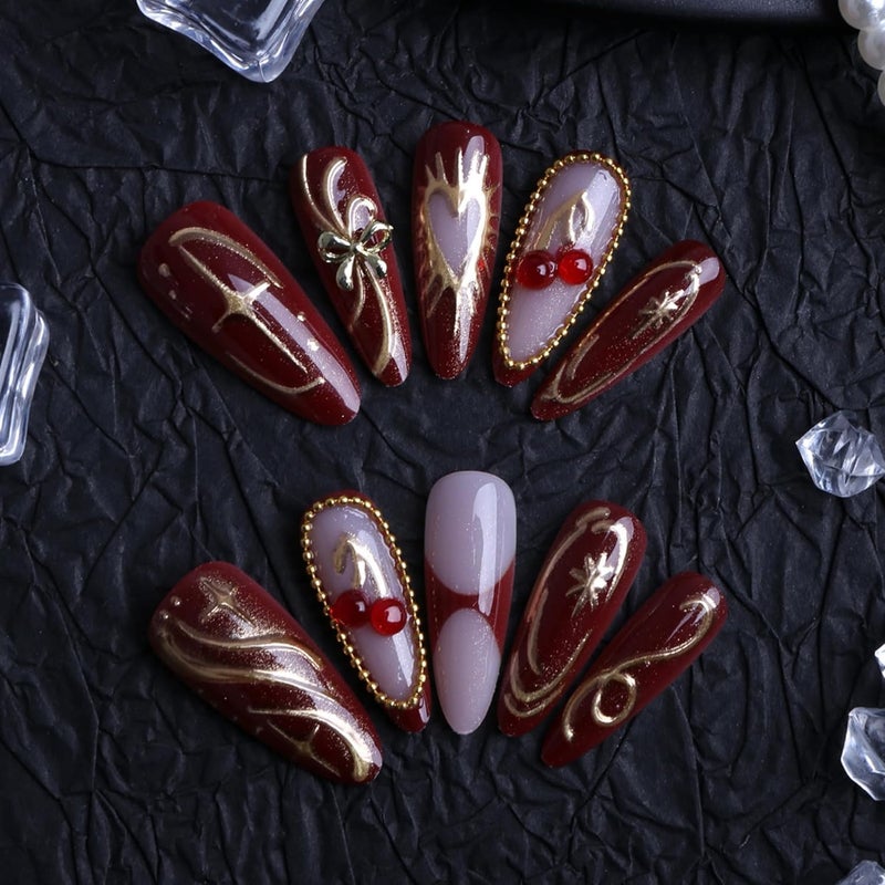 SEENEEY Valentines Long Press on Nails Almond Fake Nails Red Artificial Nail with Cherry and Gold Charm Designs Love Heart Christmas Stick on Nail for Women 30pcs - Image 3